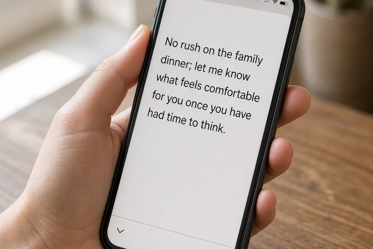 A hand holding a smartphone screen showing the text message 'No rush on the family dinner; let me know what feels comfortable for you once you have had time to think.' in a softly lit room.
