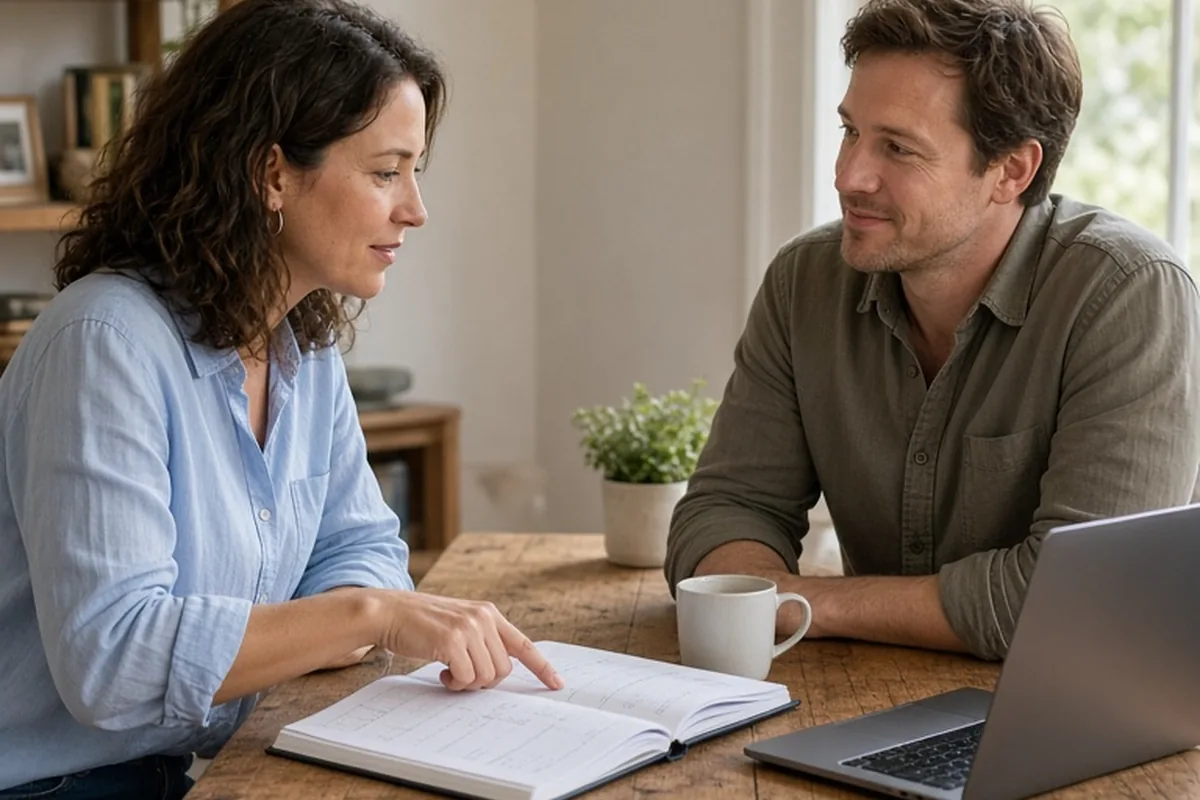 A woman and a man in their thirties sitting across a desk in conversation, the woman pointing at a planner while the man nods and smiles