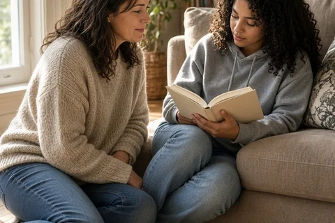 A Leo mother with wavy brown hair sitting on the floor in a living room next to her young adult daughter with dark curly hair reading a book, bathed in soft natural daylight.