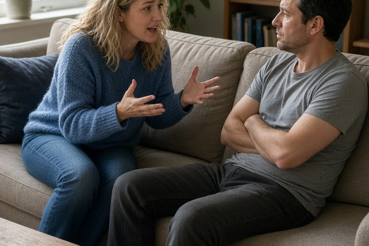 A woman in a blue sweater gesturing while talking to a man in a gray t-shirt who looks away in silence on a sofa in a living room.