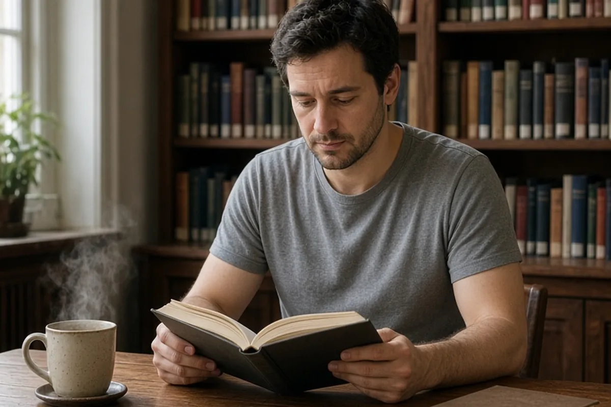 A man reading an open book at a table in a library