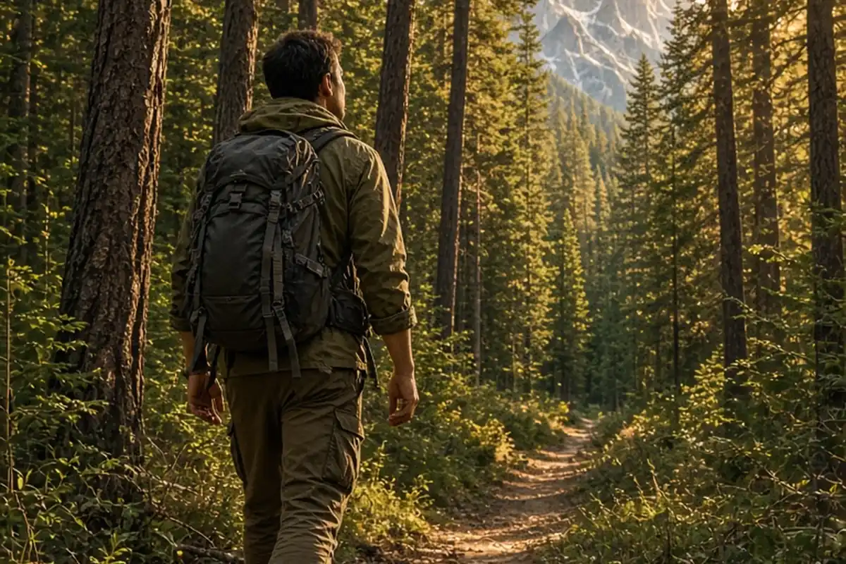 A man with short dark hair hiking alone on a mountain forest trail with a backpack during golden hour sunlight.