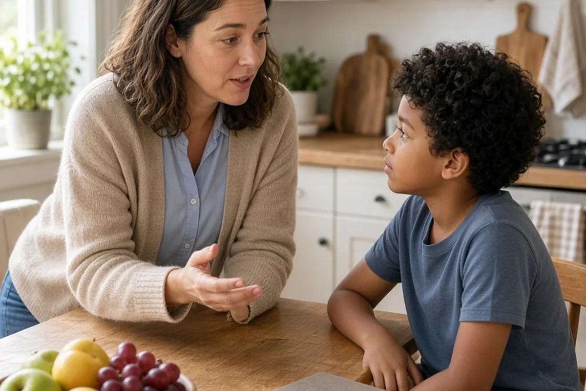A clearly adult woman in her mid-thirties with shoulder-length wavy brown hair sits at a wooden dining table in a home kitchen, calmly explaining a household rule to her young child with short curly d