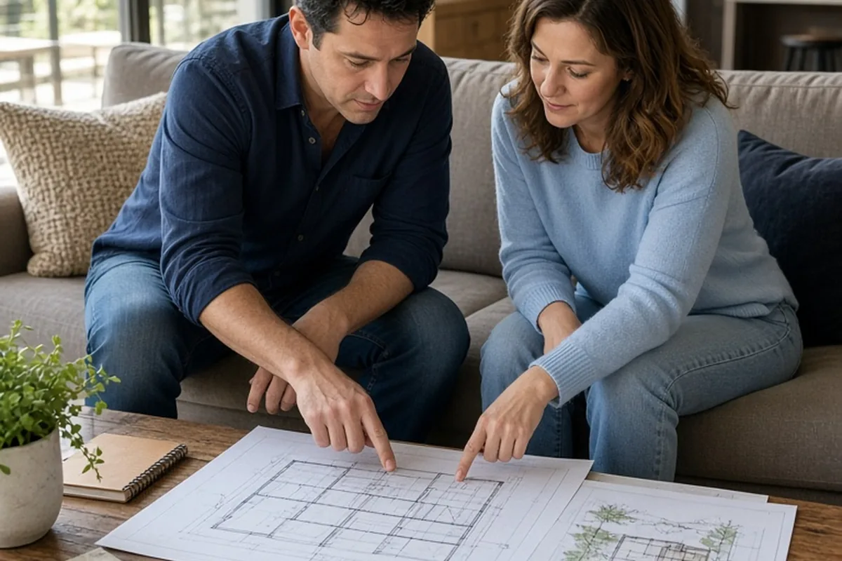 A couple in their living room examining renovation plans for their home, with the man pointing to the kitchen designs and the woman indicating the living room and exterior plans.
