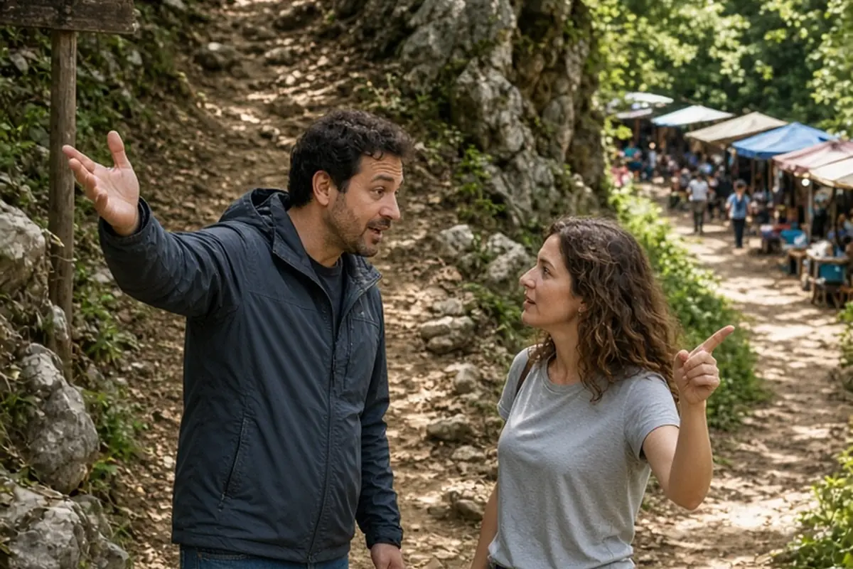 A man and a woman at a hiking trailhead preparing for a climbing activity, with the man gesturing excitedly and the woman suggesting an alternative activity