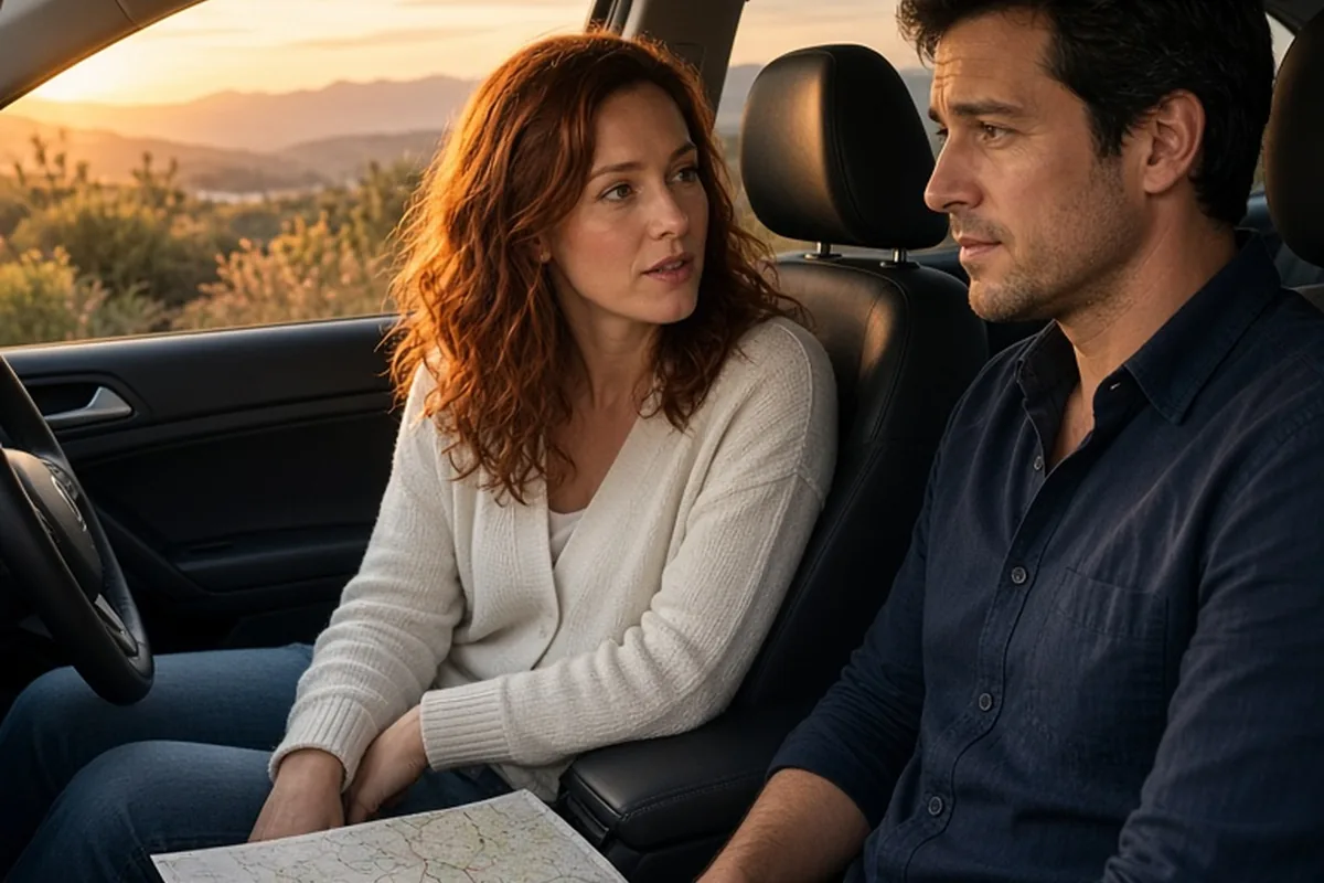 The woman asks the man a clarifying question while seated in the car on a scenic road