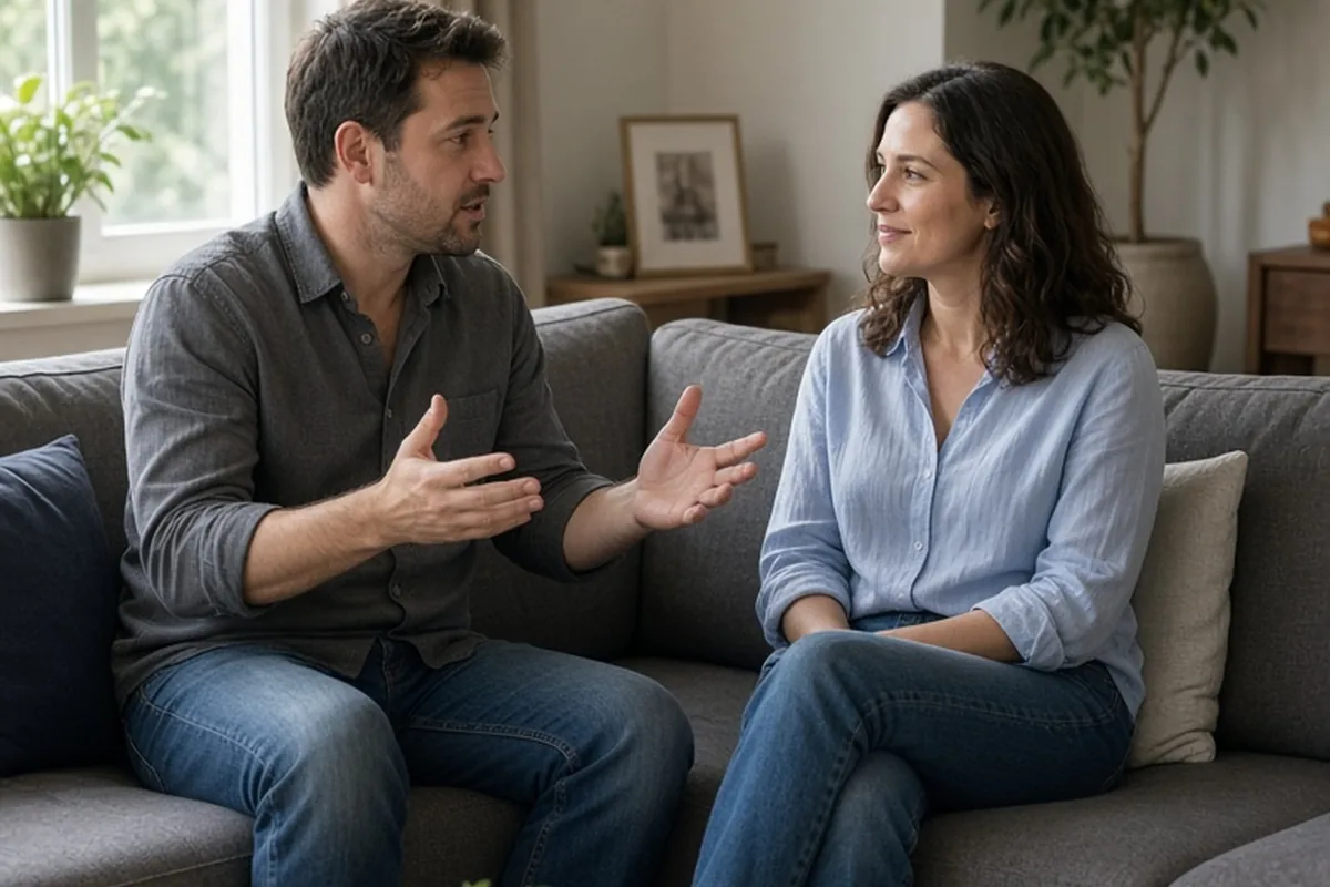 A man and woman in their thirties sitting facing each other on a couch in a living room, the man gesturing while speaking to the woman who is listening with a gentle smile.