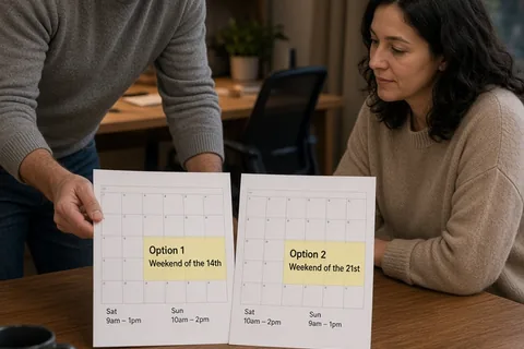 A man and a woman at a desk reviewing two calendar pages with weekend plan options