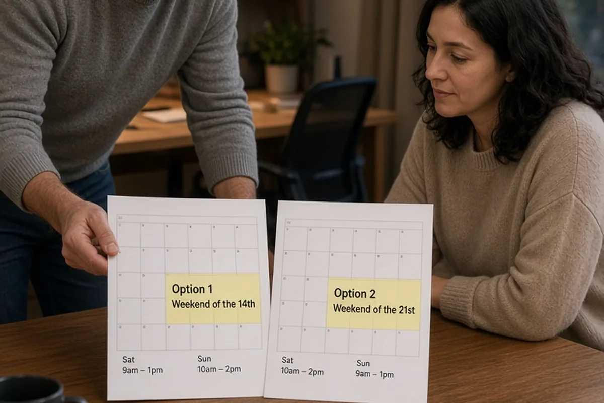 A man and a woman at a desk reviewing two calendar pages with weekend plan options