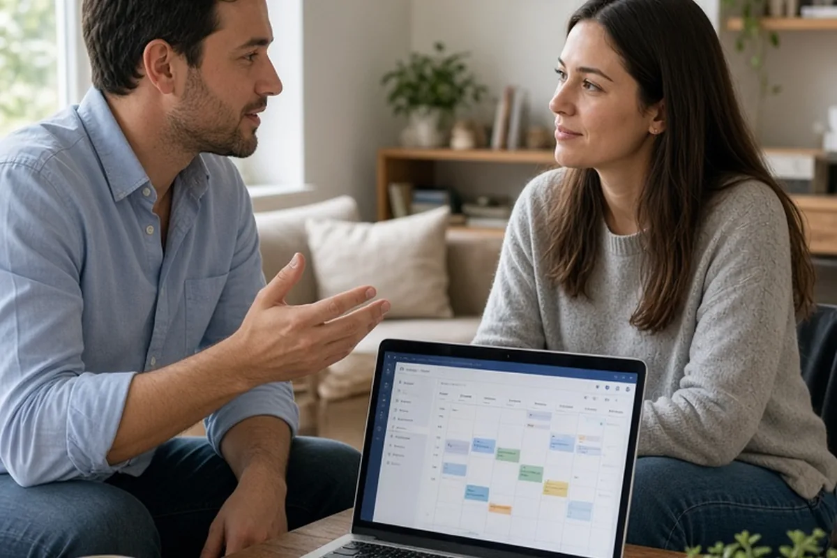 A man and woman in their thirties at a desk examining a laptop in a living room