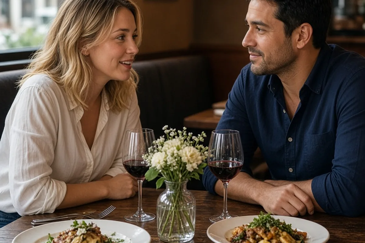 A woman with wavy blonde hair and a man with short black hair seated at a restaurant table in conversation, the woman speaking to the man
