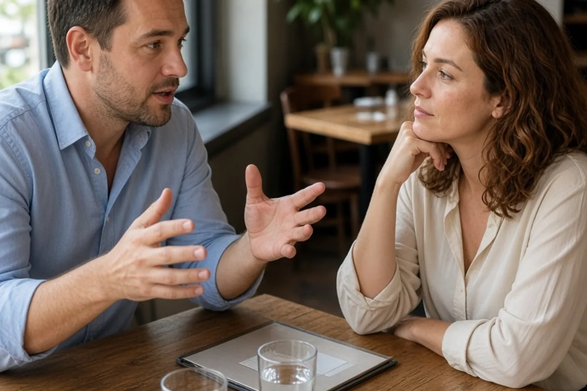 A man and a woman seated at a restaurant table, the man gesturing towards two options as he discusses weekend plans with the woman