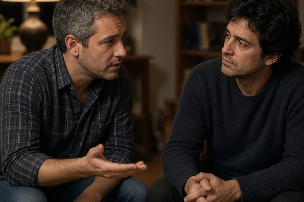 Two adult men seated at a table in a living room, one man asking an open-ended question to the other man who is listening.