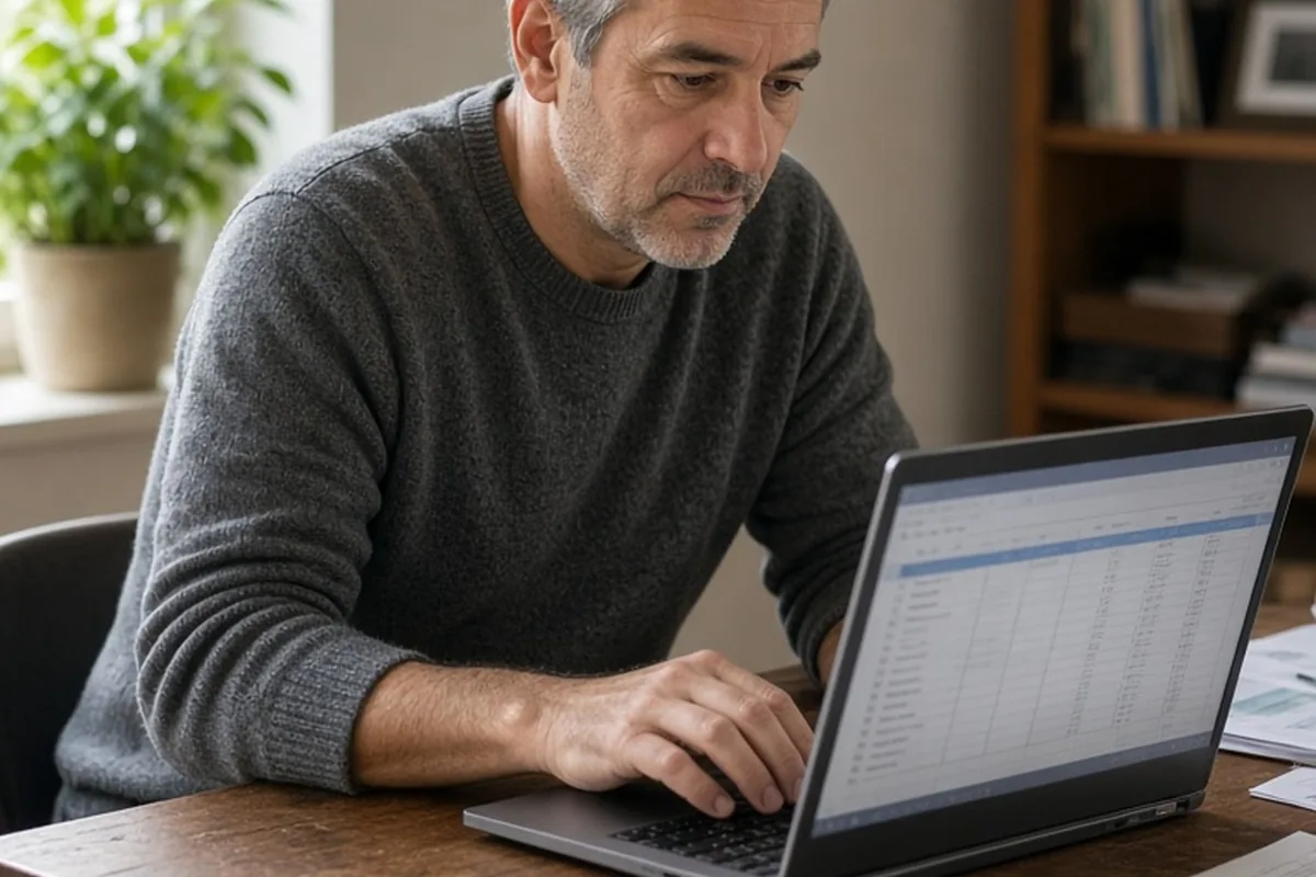 A man in his forties with short salt-and-pepper hair sitting at a wooden desk in a home office, focused on an open laptop with a blurred screen, reviewing financial information.