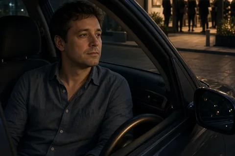 A man in his thirties sitting alone in a parked car outside a gallery at night, gazing out the window thoughtfully after withdrawing from the reception