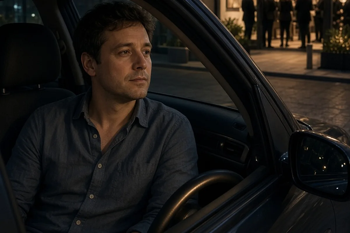 A man in his thirties sitting alone in a parked car outside a gallery at night, gazing out the window thoughtfully after withdrawing from the reception