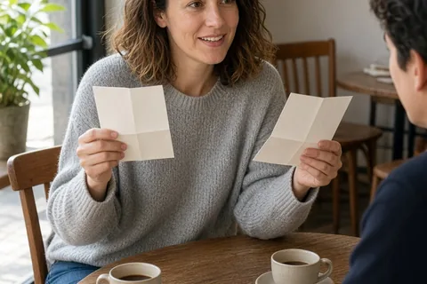 A woman in a cafe presenting two folded papers to her partner at a table