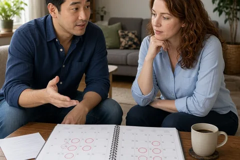 A man and woman sitting at a table in a living room discussing a calendar