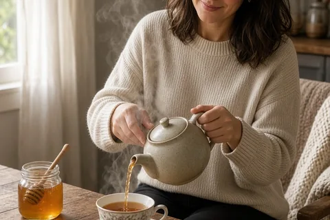 A woman in her early thirties with shoulder-length dark brown hair wearing a casual cream sweater and black pants pouring steaming tea from a ceramic teapot into a porcelain cup at a wooden kitchen ta