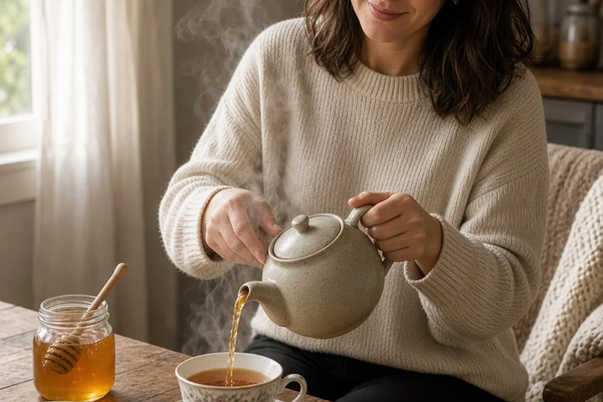 A woman in her early thirties with shoulder-length dark brown hair wearing a casual cream sweater and black pants pouring steaming tea from a ceramic teapot into a porcelain cup at a wooden kitchen ta