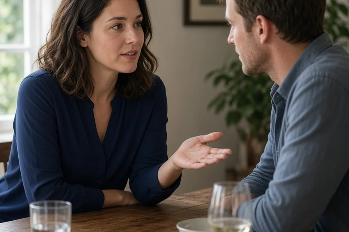 Woman with shoulder-length dark brown hair in a navy blouse at a wooden dining table calmly speaking to a man with short light brown hair in a button-up shirt