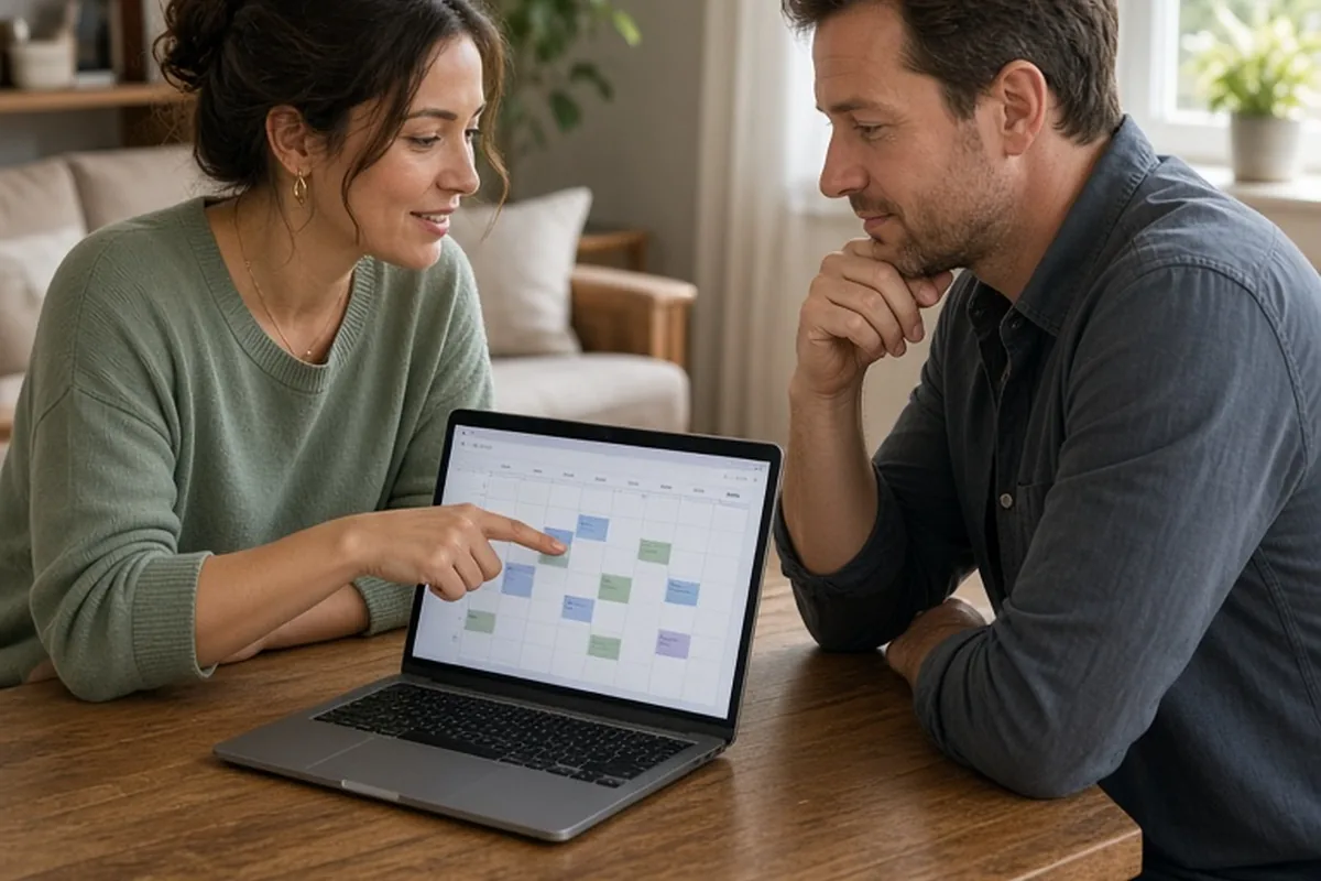 A man and woman at a wooden table in a bright living room pointing at a laptop screen showing a shared calendar while discussing weekend plans