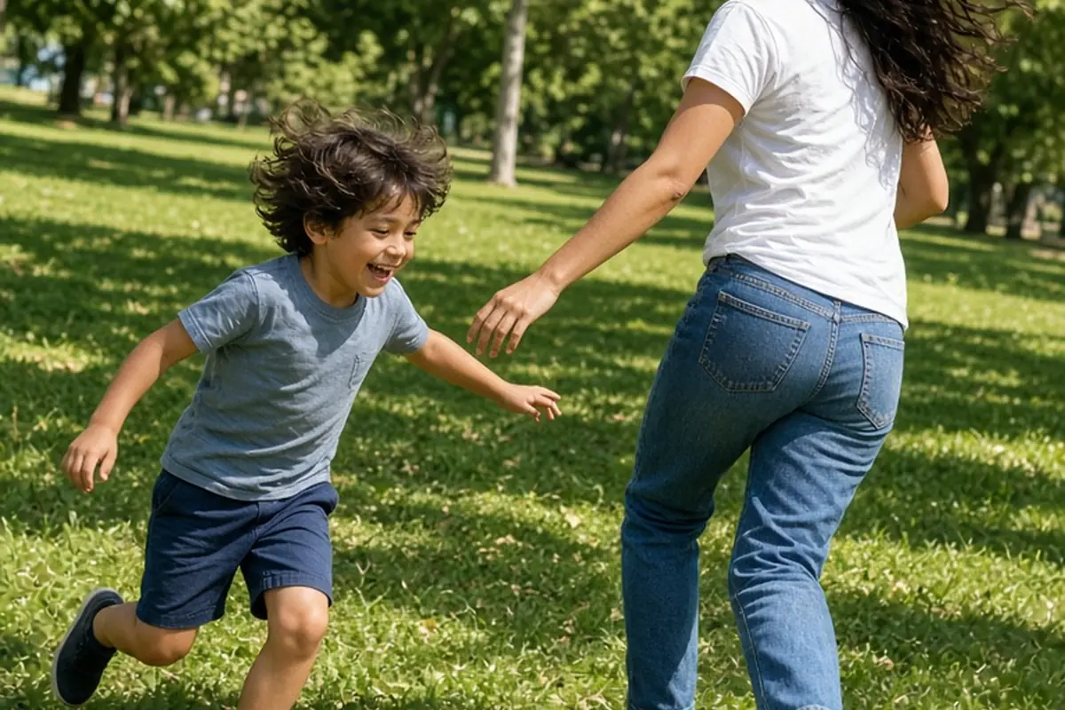 The Sagittarius mother and her child playing tag in a sunny park, with the child chasing the mother and both laughing joyfully.