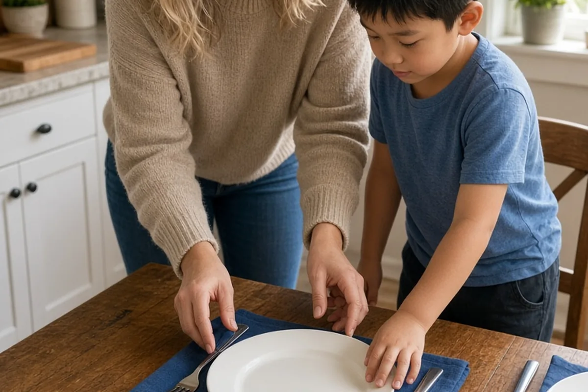 A mother with wavy blonde hair and her child with short black hair setting the table together in a home kitchen, the mother guiding the child's hands as they arrange plates and utensils.