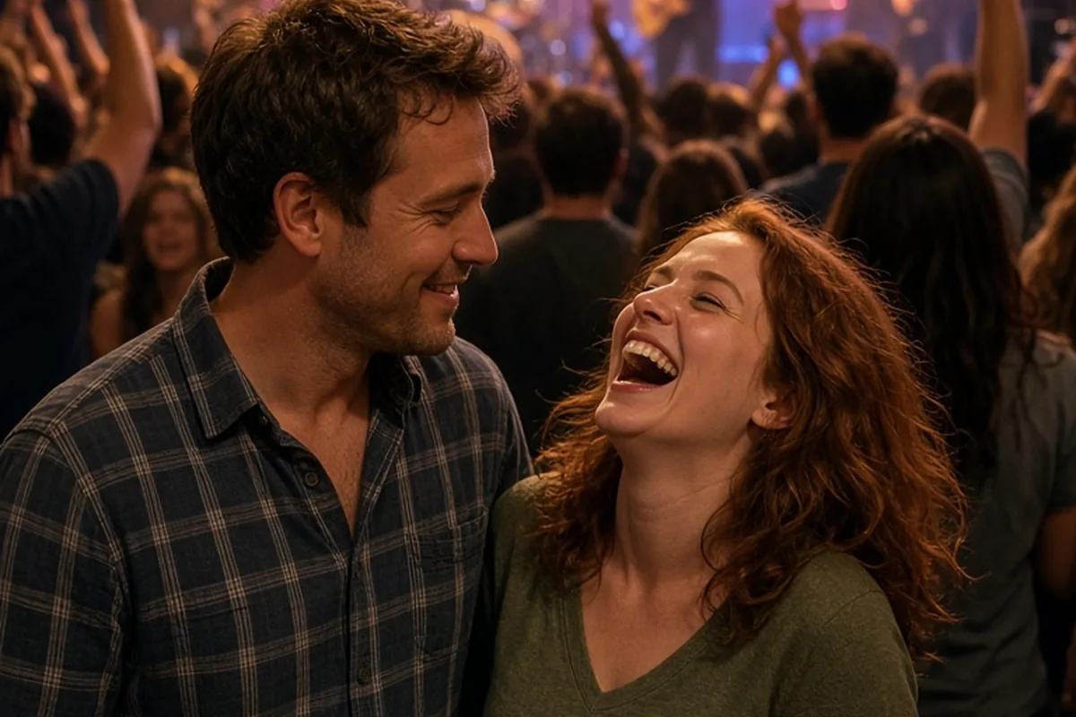 A man and a woman standing close together at a live music concert, both smiling and looking toward the stage.