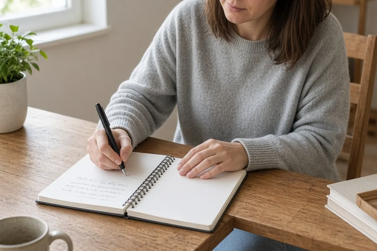A clearly adult woman in her thirties with shoulder-length straight brown hair wearing a casual light gray sweater and jeans sitting at a wooden desk in a bright home office, holding a pen and writing