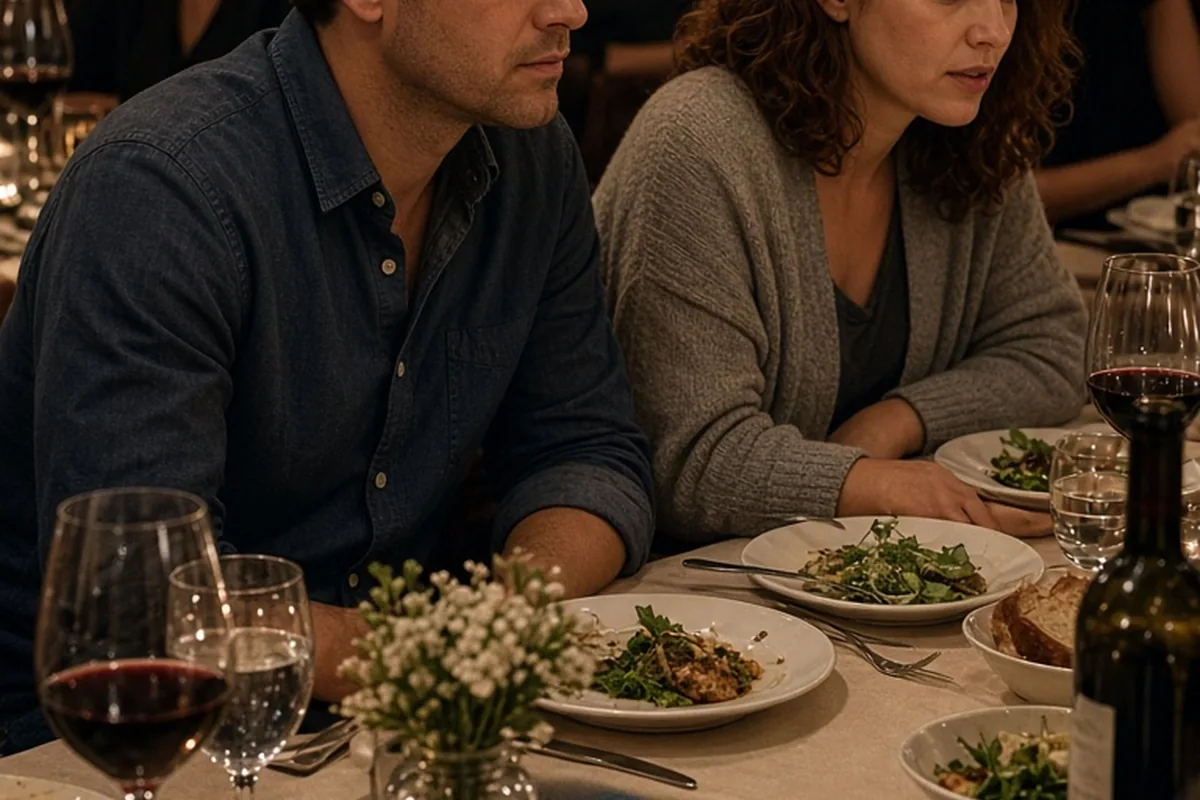 A couple seated at a restaurant table during a dinner gathering, the man scanning the room with an empathetic expression while the woman is focused on discussing ideas