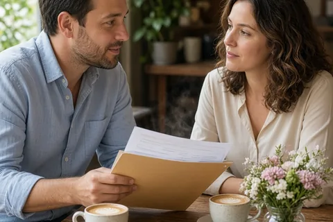 Julian, a man in his thirties with short brown hair, shows a folder of papers to Elena, a woman in her thirties with wavy brown hair, at a small table in a café as they discuss finances.