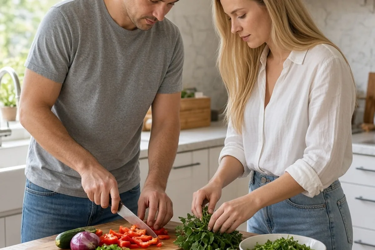 The man and woman in a home kitchen collaborating on preparing a simple meal at the counter, with natural light from the window