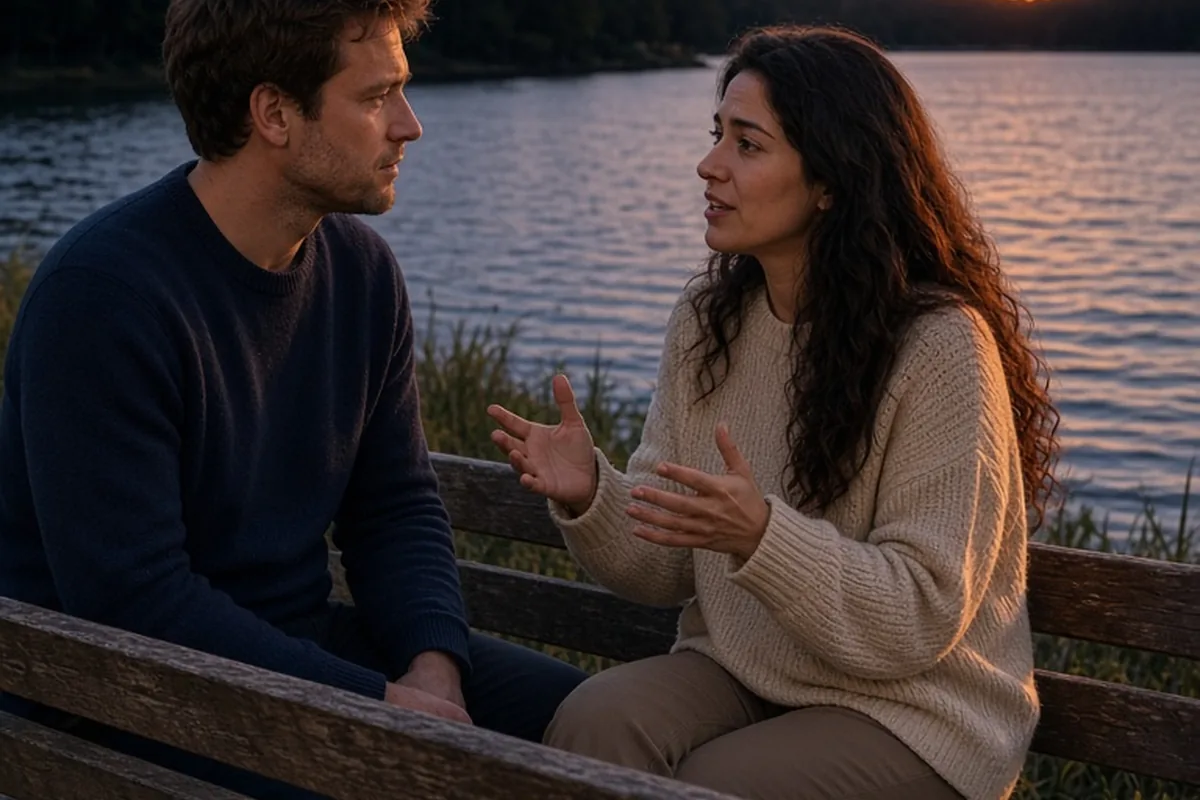 A man and woman sitting on a bench by the lake at dusk, engaged in a calm conversation