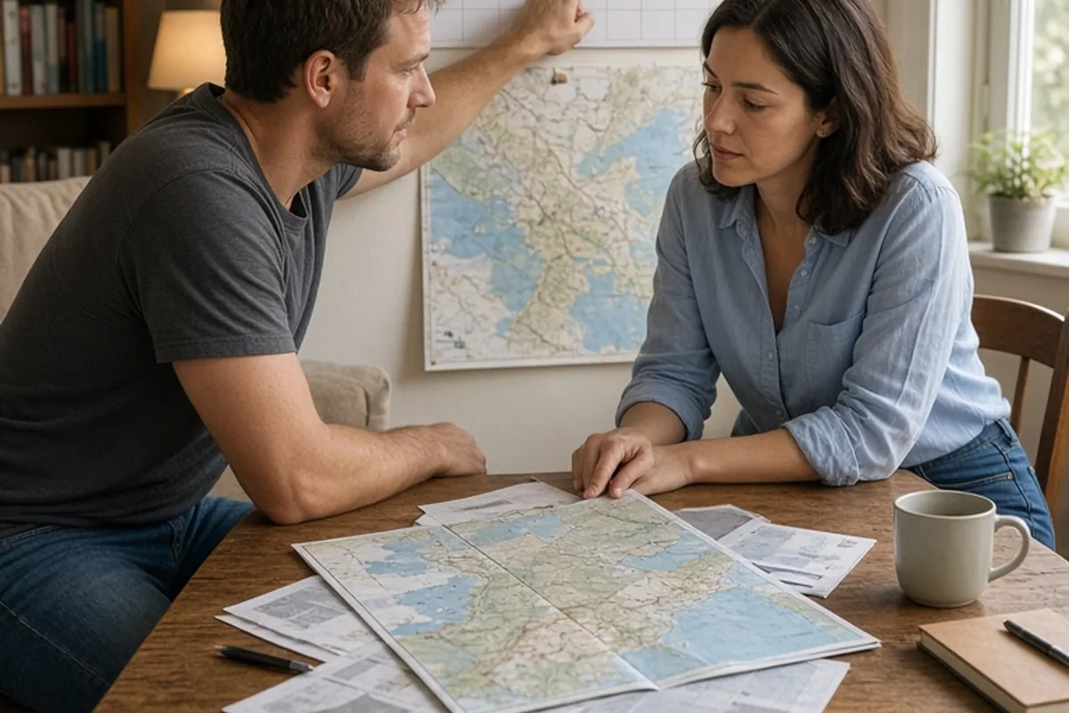 Two adults seated at a wooden table in a living room discussing holiday travel plans, one pointing to a date on a calendar while the other studies a travel map.