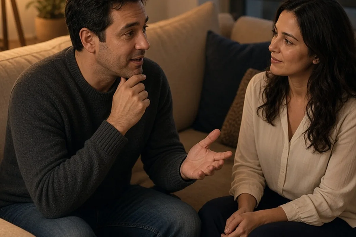 Man with short dark hair and woman with long wavy dark hair sitting on a sofa in a living room at night engaged in conversation