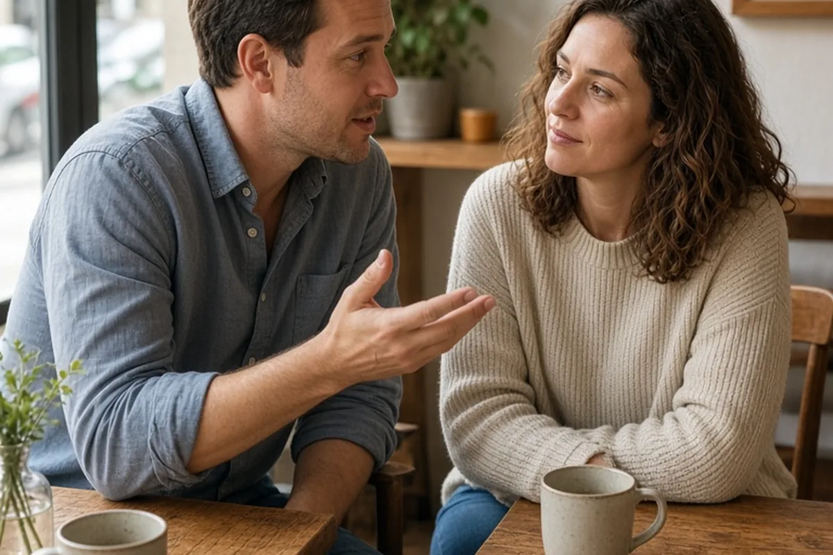 A man in his thirties with short brown hair wearing a casual button-up shirt and jeans and a woman in her thirties with shoulder-length wavy brown hair wearing a soft cream-colored knit sweater and bl