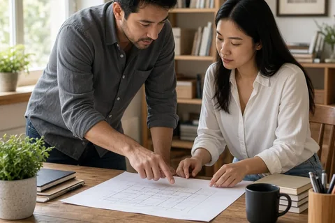 A man and a woman in their thirties seated at a desk in a home office, the man pointing at a document while the woman listens as they discuss their future plans together.