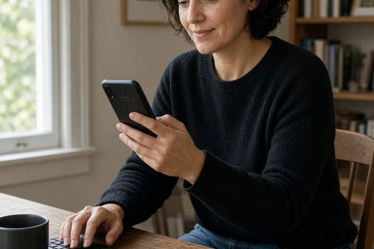 A woman with short dark hair wearing a black sweater sits at a wooden desk holding a smartphone in a home office with soft natural daylight from a window.