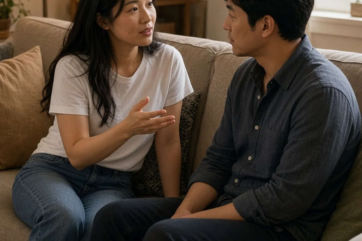 A woman with long dark hair speaking calmly to a man with short black hair while seated on a couch in a living room.