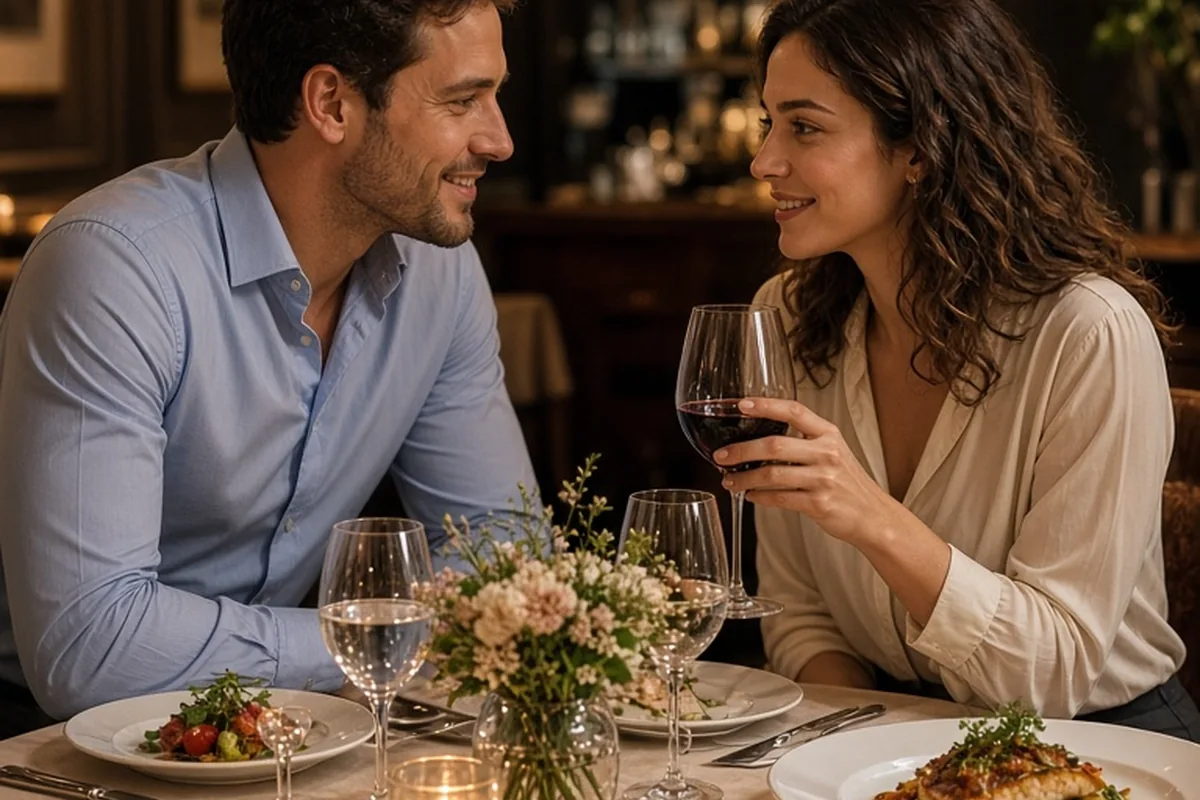 A man and a woman seated at a restaurant dining table enjoying a meal together