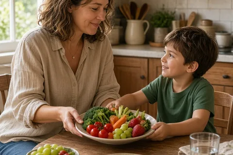 A Taurus mother serving food to her child at a kitchen table in a cozy home kitchen
