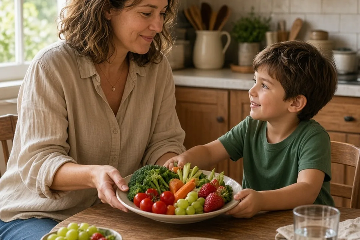 A Taurus mother serving food to her child at a kitchen table in a cozy home kitchen