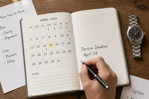 A pair of hands writing a deadline date on an open calendar next to a wristwatch on a wooden table