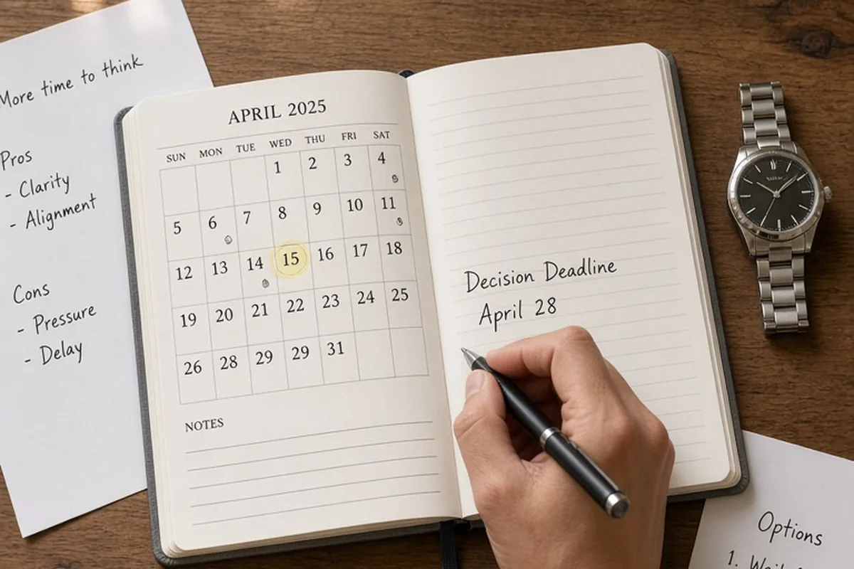 A pair of hands writing a deadline date on an open calendar next to a wristwatch on a wooden table
