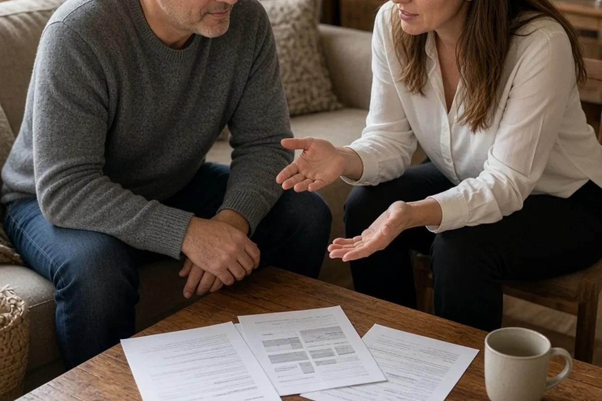 A man in his forties with short salt-and-pepper hair wearing a gray sweater and a woman in her mid-thirties with long straight hair interacting at a wooden table with papers in a living room
