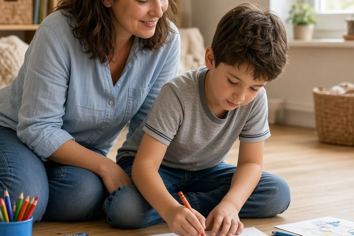 A mother and an eight-year-old boy sit on the living room floor surrounded by scattered crayons and paper, the boy drawing while the mother watches supportively.
