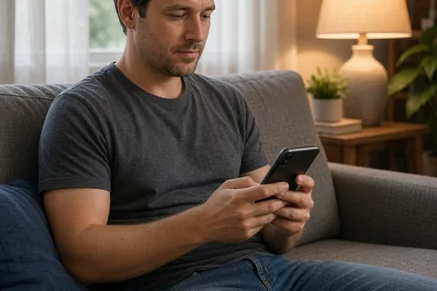 A man in his thirties with short brown hair wearing a casual t-shirt and jeans sitting on a couch holding a smartphone and looking thoughtfully at the screen