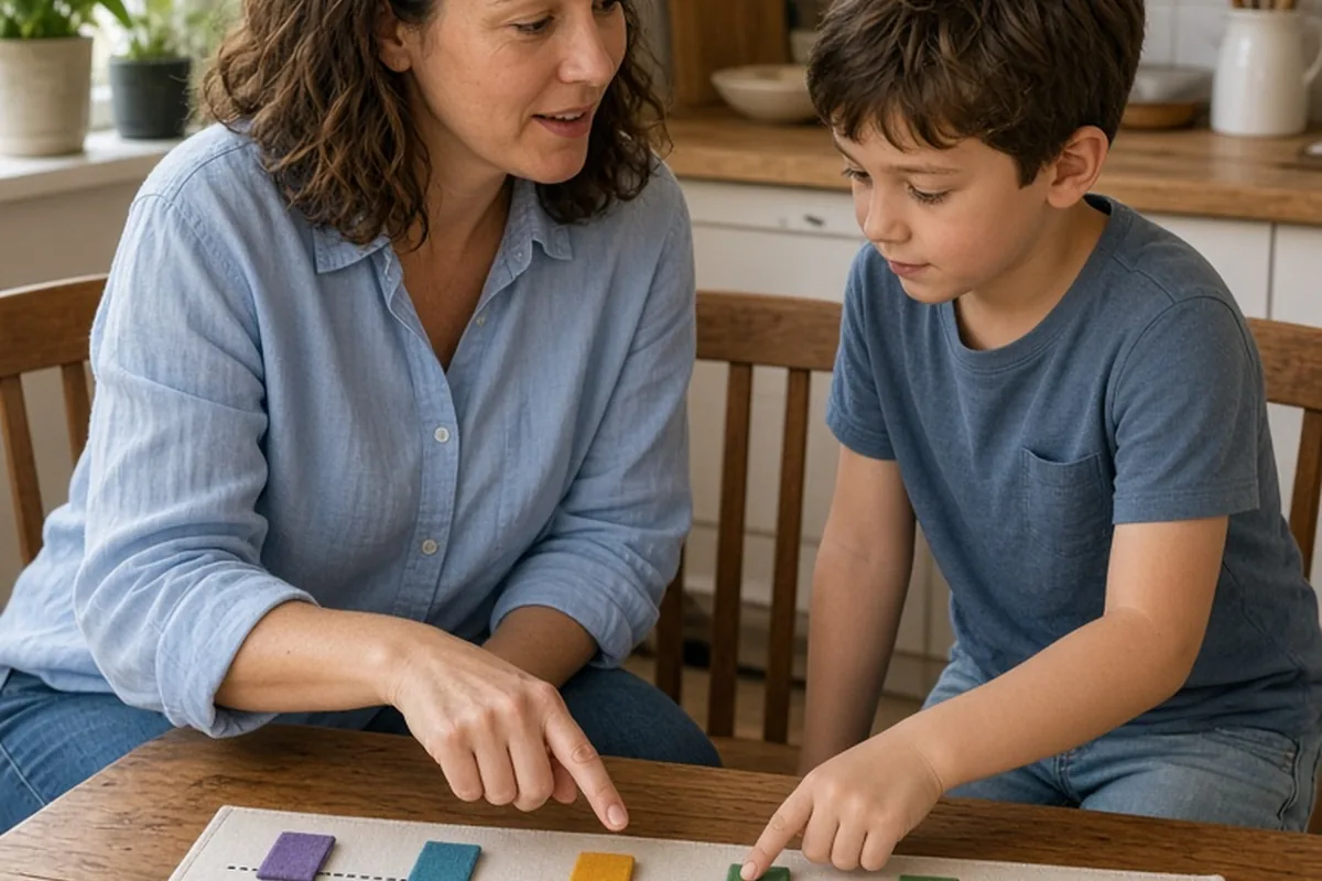 A clearly adult woman with wavy brown hair and a young child with short brown hair seated at a kitchen table looking at a sequence chart together