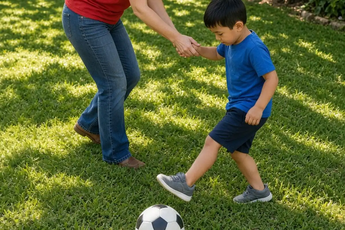 A mother and her young son in a sunny backyard kicking a soccer ball together